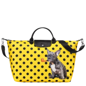 Sac de voyage pois noir sur jaune bouledogue français fumant une pipe