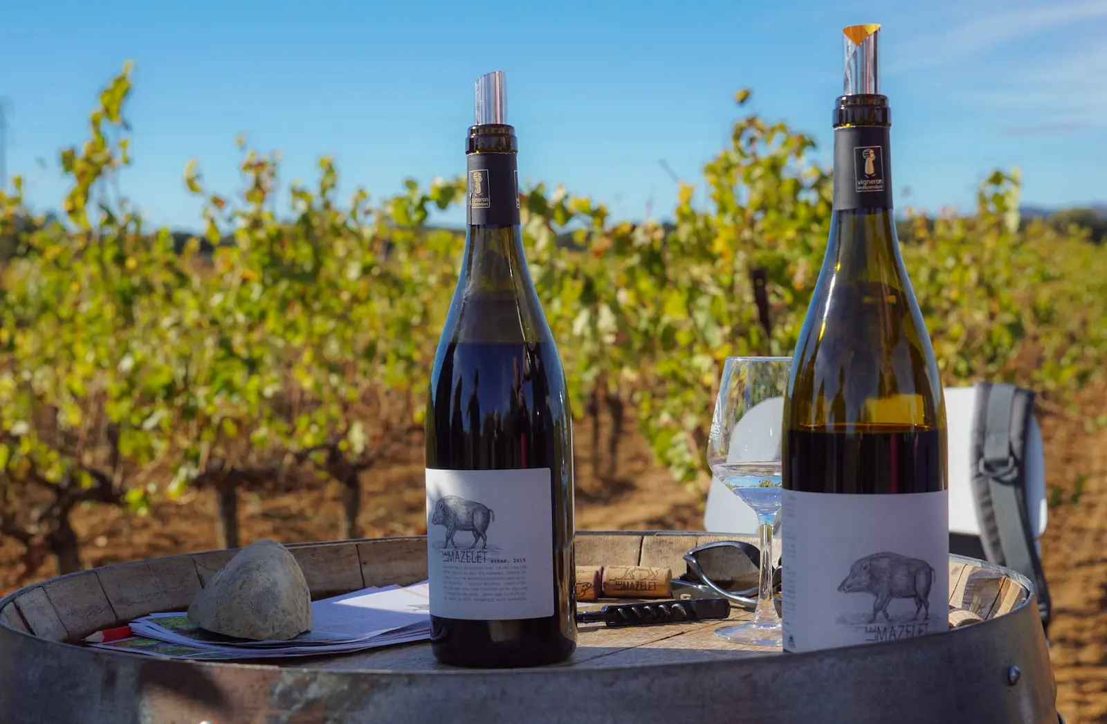 Deux bouteilles de vin posées sur une table dans les vignes IGP du Gard