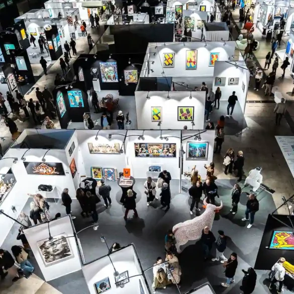 Visiteurs découvrant les œuvres contemporaines à Art Montpellier 2025, sur le thème du voyage.