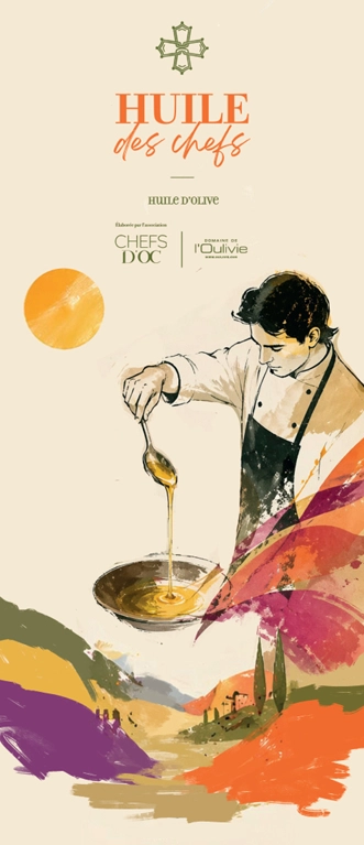 Illustration bouteille huile d'olive Chefs d'Oc Domaine de l'Oulivie